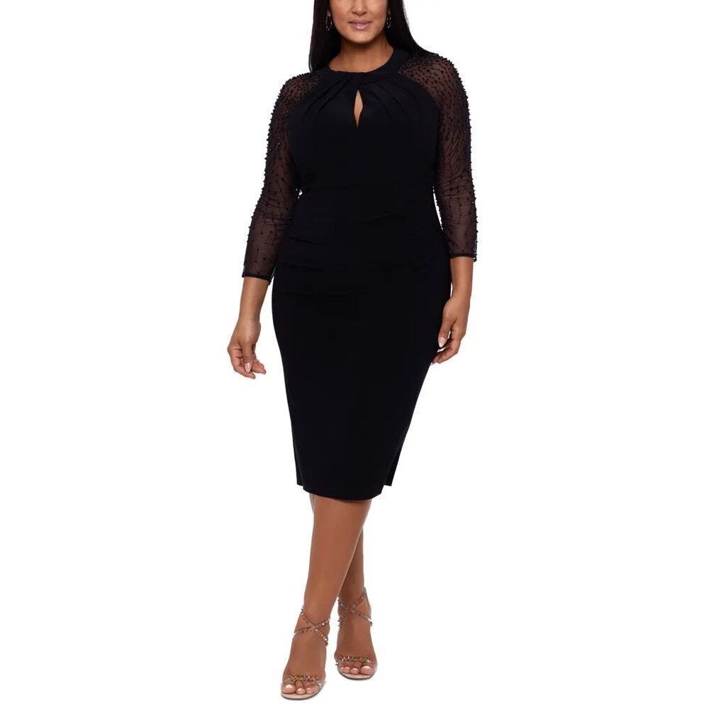 Betsy & Adam Jersey-Knit Beaded-Sleeve Midi Bodycon Dress Black Size 22W NWOT